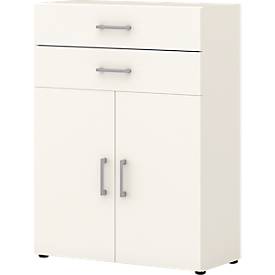 Commode de bureau TEMPIO, en bois, 2 portes, 2 tiroirs, 3 OH, L 800 x P 340 x H 1070 mm, blanc/blanc