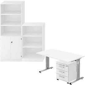 Complete set bureautafel/verrijdbaar ladeblok/kast met legborden/archiefrek ULM, wit