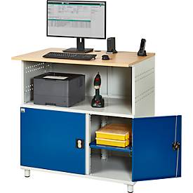 Computer-Station Typ 1023, Arbeitsplatte, Unterschrank, bis 200 kg, B 1100 x T 790 x H 1130 mm, Stahl/Holz, stationär
