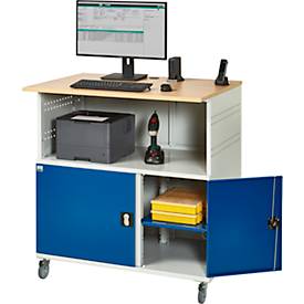 Computer-Station Typ 1023, Arbeitsplatte, Unterschrank, bis 200 kg, B 1100 x T 790 x H 1180 mm, Stahl/Holz, mobil