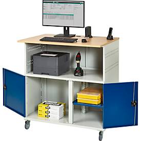 Computer-Station Typ 1023, Arbeitsplatte, Unterschrank, bis 200 kg, B 1100 x T 790 x H 1180 mm, Stahl/Holz, mobil