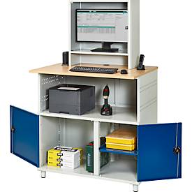 Computer-Station Typ 1023, Monitorfach bis 26“, Ablagefach, Arbeitsplatte, Unterschrank, bis 200 kg, B 1100 x T 790 x H 1840 mm, Stahl/Holz, stationär