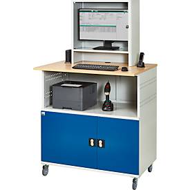 Computer-Station Typ 1023, Monitorfach bis 26“, Ablagefach, Arbeitsplatte, Unterschrank, bis 200 kg, B 1100 x T 790 x H 1890 mm, Stahl/Holz, mobil