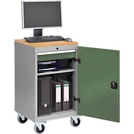Computerschrank Bedrunka+Hirth, mobil, Buche-Multiplex-Arbeitsplatte, Flügeltür, Schubfach, 4er-Steckdose, B 530 x T 500 x H 1000 mm, Stahlblech