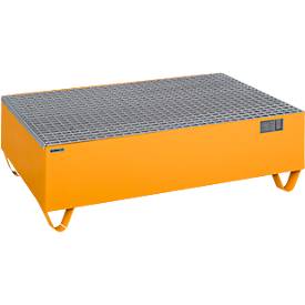 Conteneur de collecte Schäfer Shop Pure, avec grille galvanisée, pour 2 fûts de 200 l, L 1200 x P 800 x H 360 mm, enfonçable avec un chariot élévateur, acier, RAL 2000 orange