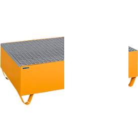 Conteneur de collecte Schäfer Shop Pure, avec grille galvanisée, pour 2 fûts de 200 l, L 1200 x P 800 x H 360 mm, enfonçable avec un chariot élévateur, acier, RAL 2000 orange