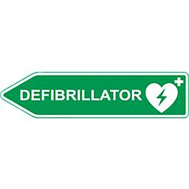 Defibrillator-AED-Standort-Straßenschild, Pfeilform, linksweisend, nachtleuchtend, wetterfest, Dibond-Druck, L 600 x H 1