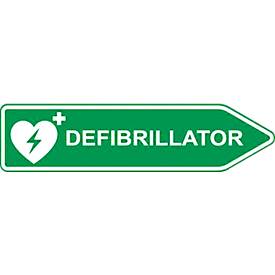 Defibrillator-AED-Standort-Straßenschild, Pfeilform, rechtsweisend, nachtleuchtend, wetterfest, Dibond-Druck, L 600 x H 150 mm, grün-weiß