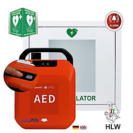 Defibrillator MedX5 HeartSave Y, für Innen, manuelle Schockabgabe, Sprachausgabe DE/EN, IP55, Metall-Wandkasten inkl. Alarm, mit HLW-Feedback-Sensor