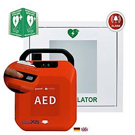 Defibrillator MedX5 HeartSave Y, für Innen, manuelle Schockabgabe, Sprachausgabe DE/EN, IP55, Metall-Wandkasten inkl. Alarm, ohne HLW-Feedback-Sensor