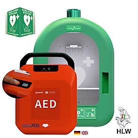 Defibrillator MedX5 HeartSave Y, manuelle Schockabgabe, Sprachausgabe DE/EN, Grafikanzeige, IP55, PVC-Wandkasten inkl. Alarm, mit HLW-Feedback-Sensor