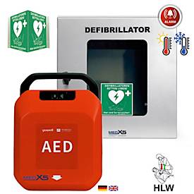 Defibrillator MedX5 HeartSave YA, automatische Schockabgabe, Sprachausgabe DE/EN, IP55, klimatisierter Wandkasten inkl. Alarm, mit HLW-Feedback-Sensor