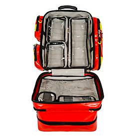 Defibrillator-Rucksack MedX5, ergonomisch, Innen- und Seitentaschen, gepolsterte Tragegurte und Tragegriff, ohne Inhalt, B 530 x T 210 x H 530 mm, gelb-rot