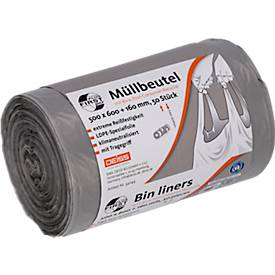 Deiss FIRST PLUS Müllbeutel, mit Tragegriff, LDPE, 14 µm, grau, B 500 x H 760 mm, 30 Liter, 1000 Stück