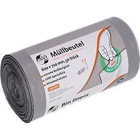 Deiss FIRST PLUS Müllbeutel, mit Tragegriff, LDPE, 14 µm, grau, B 600 x H 720 mm, 60 Liter, 1000 Stück