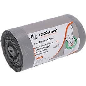 Deiss FIRST PLUS Müllbeutel, mit Tragegriff, LDPE, 14 µm, grau, B 630 x H 850 mm, 80 Liter, 300 Stück