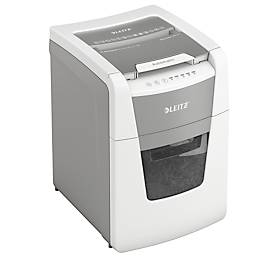 Destructeur de documents Leitz IQ Autofeed Small Office 100 P5, entièrement automatique, coupe micro 2 x 15 mm, 34 l, capacité de coupe 100 feuilles, blanc