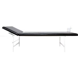Divan d'examen pliant mural, L 2000 x l. 700 x H 500 mm, cadre carré en acier blanc, revêtement en similicuir noir