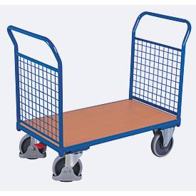 Doppel-Stirnwandwagen, Stahl/MDF-Platte, Enzianblau/Buche-Dekor, L 1000 x B 600 mm, Stirnwände aus Drahtgitter, TPE-Rollen mit EasySTOP, bis 500 kg