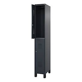 Doppelstöckiger Feuerwehrspind C+P Flexo White, 1 Abteil mit 2 Fächern, Füße, B 300 x T 500 x H 1950 mm, RAL 7016 Anthrazitgrau/RAL 7021 Schwarzgrau