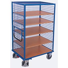 Drahtgitter-Etagenwagen, Stahl/MDF-Platte, Enzianblau/Buche-Dekor, 5 Etagen, 1045 x 685 mm, 3 Wände und Dach, EasySTOP, bis 500 kg