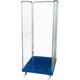 Drahtgitterbehälter 3-seitig, 1600 auf Kunststoffrollbehälter, enzianblau RAL 5010