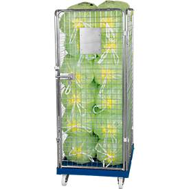 Drahtgitterbehälter 4-seitig, 1600 auf Kunststoffrollbehälter, einzianblau RAL5010