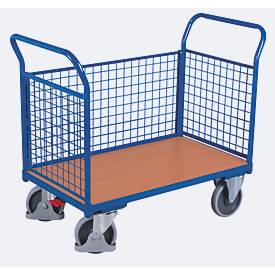 Dreiwandwagen, Stahl/MDF-Platte, Enzianblau/Buche-Dekor, L 1000 x B 575 mm, herausnehmbare Längswand, TPE-Rollen mit EasySTOP, bis 500 kg