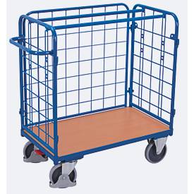 Dreiwandwagen, Stahl/MDF-Platte, Enzianblau/Buche-Dekor, L 1200 x B 800 mm, Nutzhöhe 925 mm, einhängbare Längswand, EasySTOP, bis 500 kg