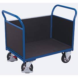 Dreiwandwagen, Stahl/Siebdruckplatte, Enzianblau/Dunkelbraun, L 995 x B 665 mm, herausnehmbare Längswand, Vollgummi-Rollen mit EasySTOP, bis 1000 kg