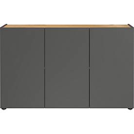 Dressoir Athen, met 4 vakken en 3 greeploze deuren met klep, 5 glijders, B 1200 x D 340 x H 760 mm, hout, grafiet/Navarra eik