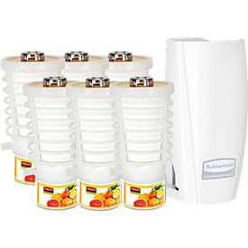 Duftspender Rubbermaid TCell 1.0, inkl. 6x Nachfüllflasche, Duftrichtung Citrus Mix, für bis zu 90 Tage, B 73 x T 74 x H 150 mm, weiß