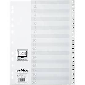 Durable Kunststoffregister, A4 hoch, Zahlen 1-20, weiß