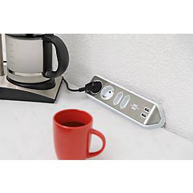 Eck-Steckdosenleiste brennenstuhl® estilo, 4-fach + USB-Ladefunktion, IP20, mit Kabel & Klebepads, L 70 x B 100 x H 300 mm, weiß-silber