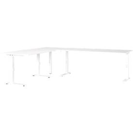 Eckschreibtisch Porto, mechanisch höheneinstellbar, C-Fuß, inkl. Ansatztisch mit Stützfuß, B 1400/1600 x T 2200 x H 680-910 mm, weiß/weiß