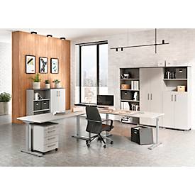 Eckschreibtisch Profi 2.0, mechanisch höheneinstellbar, C-Fuß, inkl. Ansatztisch mit Stützfuß, B 2400 x T 2600 x H 700-800 mm, silber/lichtgrau