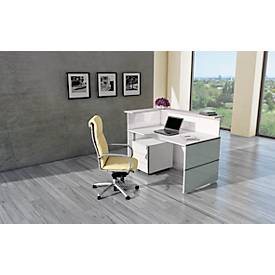 Ecktheke Atlantis, weiß, aus Stahl, mit Glasfront & Melaminharz-Oberflächen