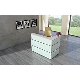 Ecktheke Atlantis, weiß, aus Stahl, mit Glasfront & Melaminharz-Oberflächen