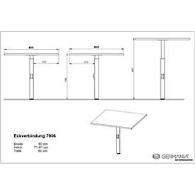 Eckverbindungsplatte Agenda, mechanisch höhenverstellbar, B 800 x T 800 x H 680-910 mm, Lichtgrau/Silber