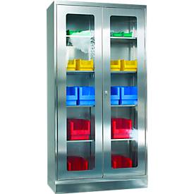 Edelstahl-Vitrinenschrank, 2-türig, mit Sockel, B 1000 x T 400/500/600 x H 1950 mm