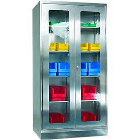 Edelstahl-Vitrinenschrank, 2-türig, mit Sockel, B 1000 x T 400/500/600 x H 1950 mm