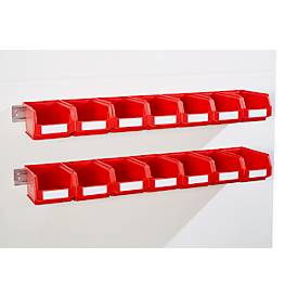 Einhängeleisten Schäfer Shop Select, 2 Stück, mit 14 Sichtlagerkästen SSI Schäfer Serie PROFI LF 221, inkl. Befestigungsmaterial, L 1135 x B 68 x T 2 mm, Stahlblech, verzinkt