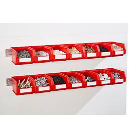 Einhängeleisten Schäfer Shop Select, 2 Stück, mit 14 Sichtlagerkästen SSI Schäfer Serie PROFI LF 221, inkl. Befestigungsmaterial, L 1135 x B 68 x T 2 mm, Stahlblech, verzinkt