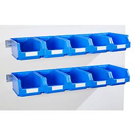Einhängeleisten Schäfer Shop Select, L 1135 x B 68 x T 2 mm, Stahlblech, verzinkt, 2 Stück + 10 Sichtlagerkästen SSI Schäfer Serie PROFI LF 321, blau