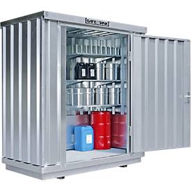 Einzel-Container Säbu SAFE TANK 300, WGK 1-3, Volumen 275 l, mit Auffangwanne & Gitterrost, B 2100 x T 1140 x H 2300 mm, silber