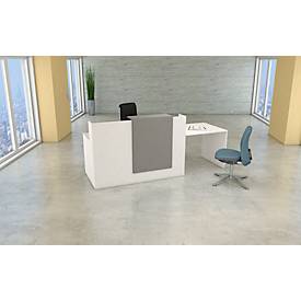 Empfangstheke mit Beratungsplatz Pisa, mit Ablage und Seitenplatten, B 2500 x T 800 x H 1100 mm, graphit/weiß