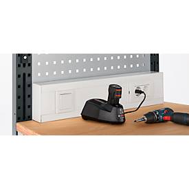 Energieleiste für AST31 Tischaufbau mit H 1615 mm, anschlussfertig, 2 x Steckdosen, 1 x Schalter, B 630 x T 60 x H 100 mm, Kunststoff, lichtgrau