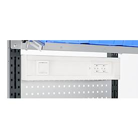 Energieleiste für AST31 Tischaufbau mit H 1615 mm, anschlussfertig, 2 x Steckdosen, 1 x Schalter, B 630 x T 60 x H 100 mm, Kunststoff, lichtgrau