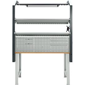 Energieleiste für AST31 Tischaufbau mit H 1615 mm, anschlussfertig, 4 x Steckdosen, 1 x Schalter, B 1430 x T 60 x H 100 mm, Kunststoff, lichtgrau