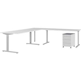 Ensemble de meubles de bureau 4 pièces Profi 2.0, combinaison bureau/équerre, y compris caisson à roulettes avec 4 tiroirs, argent/graphite/gris clair